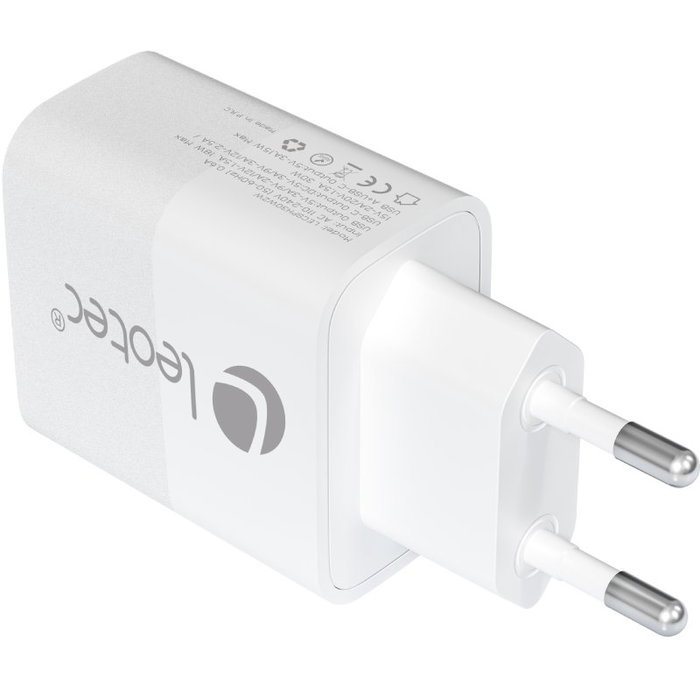 Leotec Cargador de Pared/Viaje USB-C PD + USB-A 30W Blanco Carga Rápida GAN